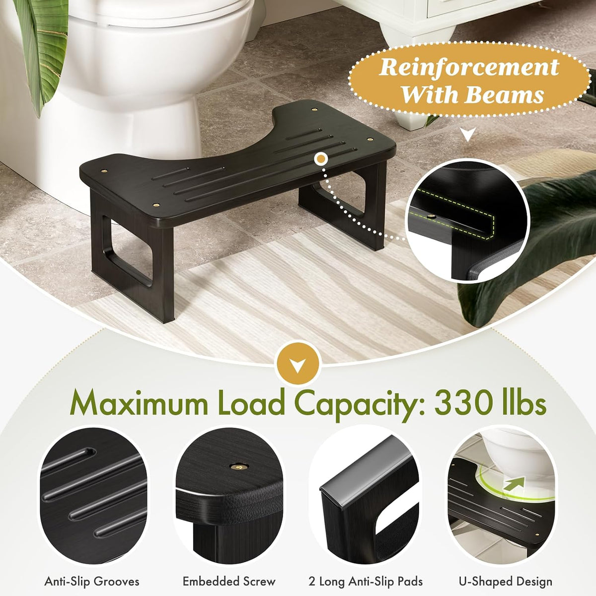 Bamboo Toilet Stool, Squat Potty Stool for Adults, Non-Slip Pooping Stools for Bathroom, Portable Potty Step Foot Stools, Assembly Required, Black, 6.8''