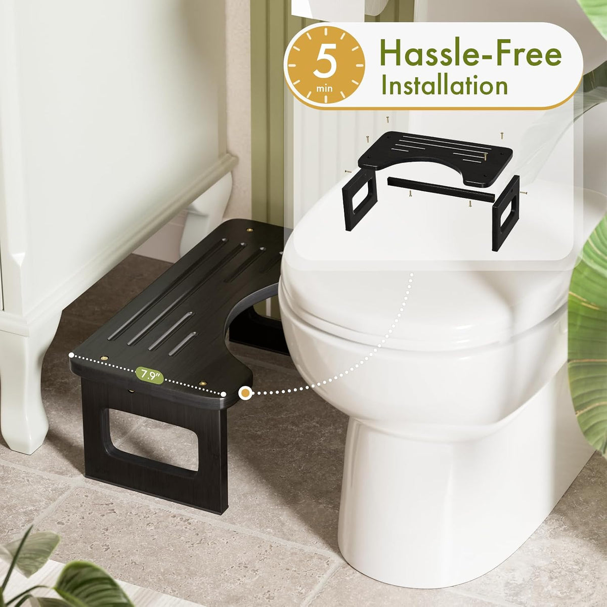 Bamboo Toilet Stool, Squat Potty Stool for Adults, Non-Slip Pooping Stools for Bathroom, Portable Potty Step Foot Stools, Assembly Required, Black, 6.8''