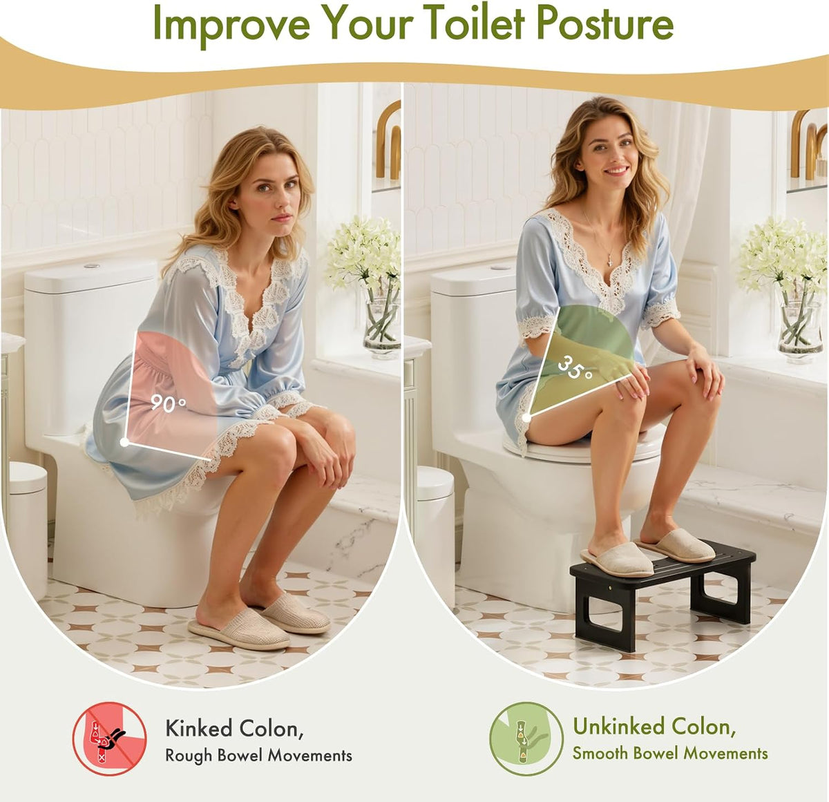 Bamboo Toilet Stool, Squat Potty Stool for Adults, Non-Slip Pooping Stools for Bathroom, Portable Potty Step Foot Stools, Assembly Required, Black, 6.8''