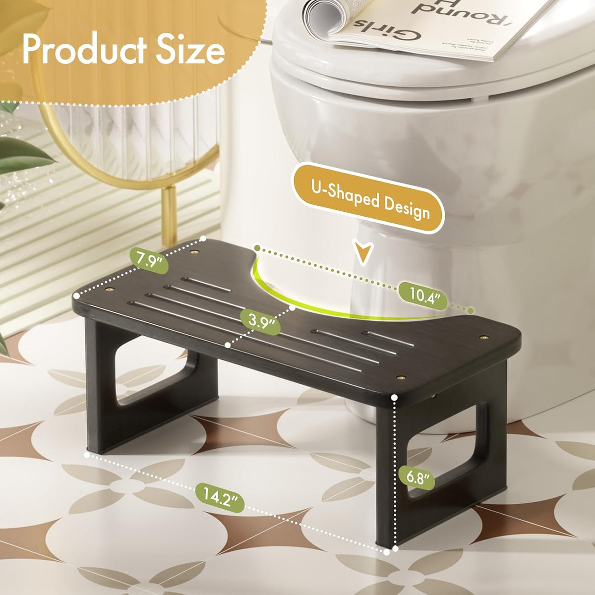 Bamboo Toilet Stool, Squat Potty Stool for Adults, Non-Slip Pooping Stools for Bathroom, Portable Potty Step Foot Stools, Assembly Required, Black, 6.8''